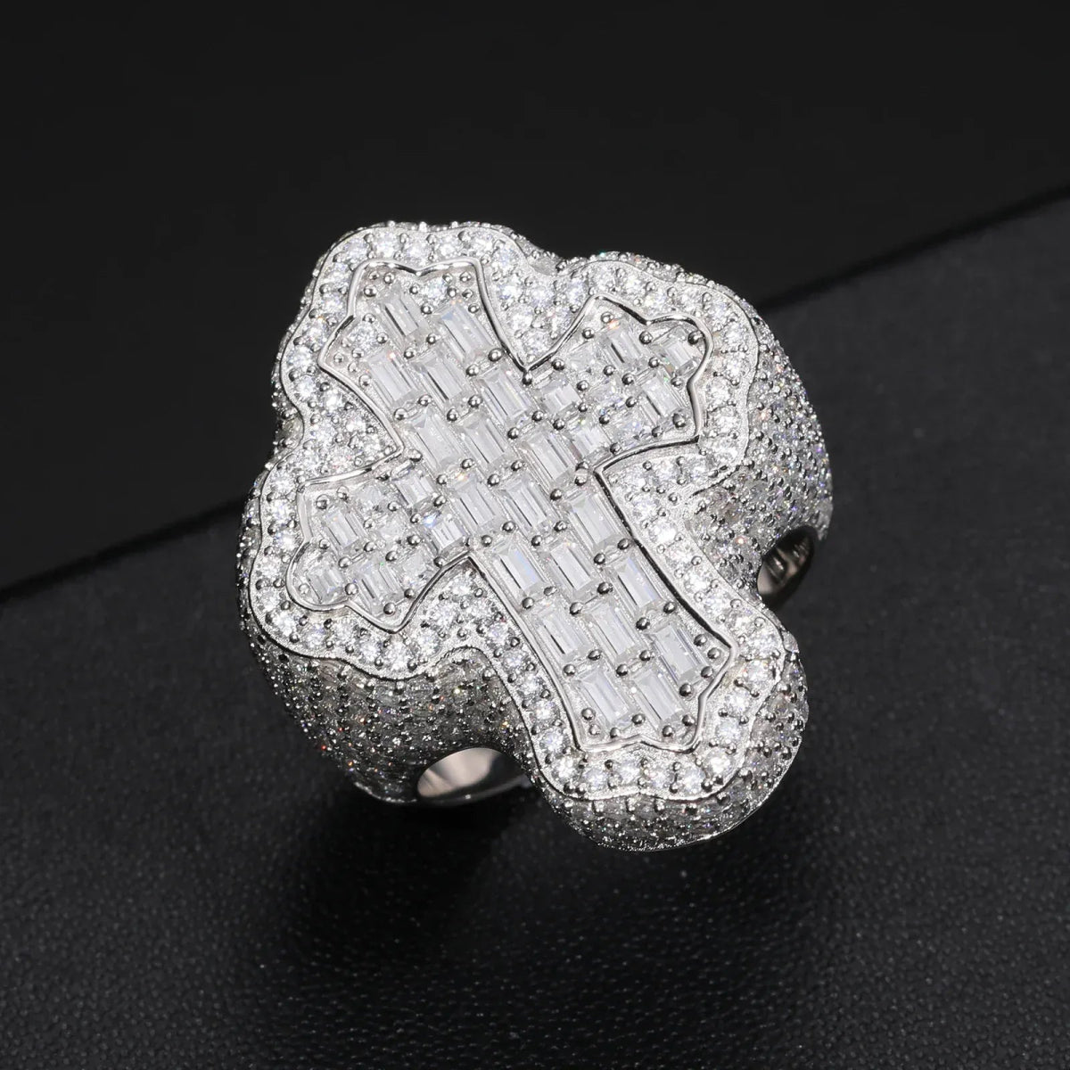 Iced Baguette Cross Ring – “Divine Shine” Edition VVS 5A CZ 7 White Gold - Shop Gold Supply