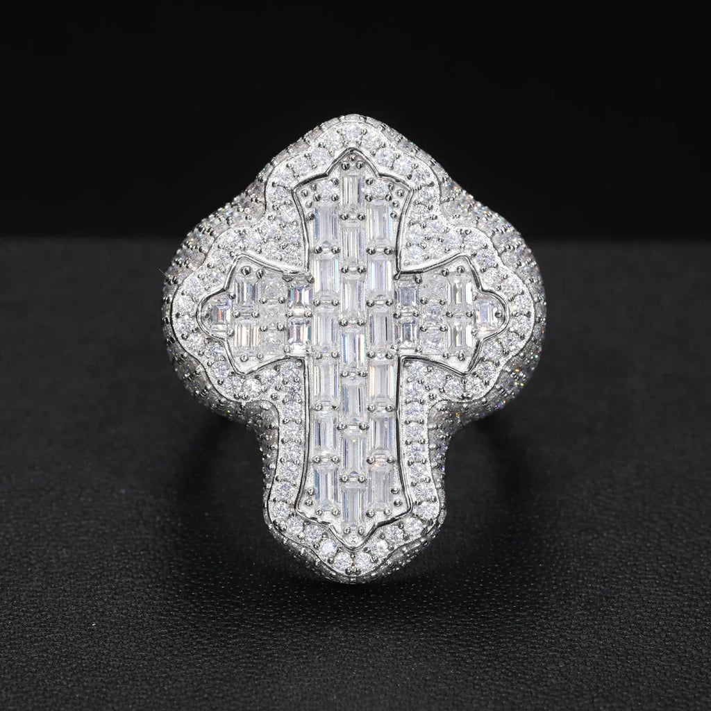 Iced Baguette Cross Ring – “Divine Shine” Edition VVS 5A CZ 7 White Gold - Shop Gold Supply