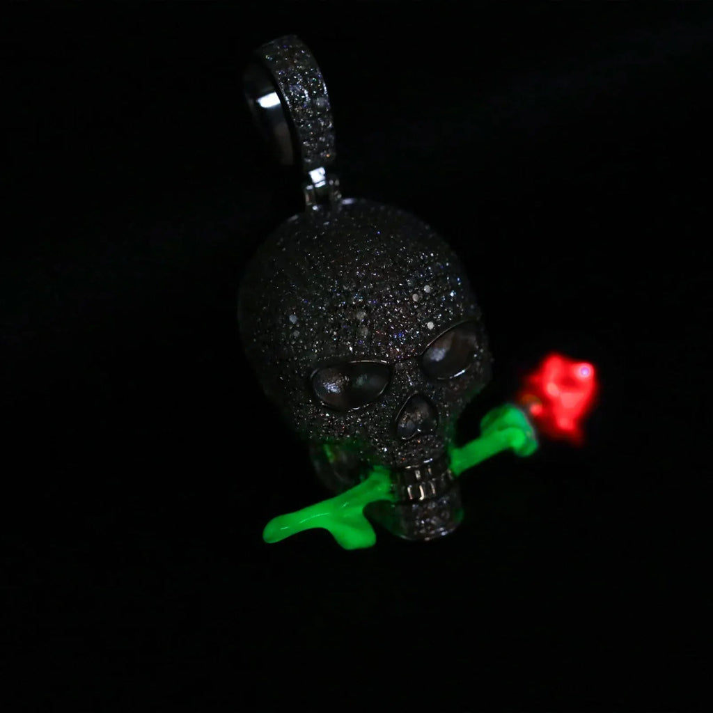 Moissanite Glow Skull & Rose Glow Pendant – “Deadly Romance” Edition White Gold - Shop Gold Supply