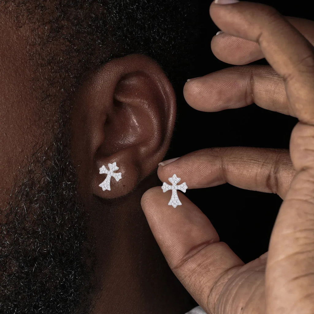 Moissanite Pavé Cross Stud Earrings – “Divine Ice” Edition Yellow Gold - Shop Gold Supply