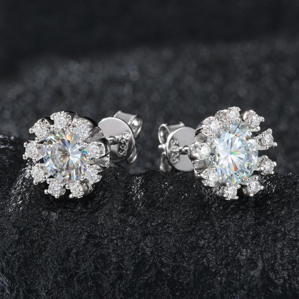 Sunburst Iced Stud Earrings – “Solar Flare” Edition White Gold Moissanite - Shop Gold Supply